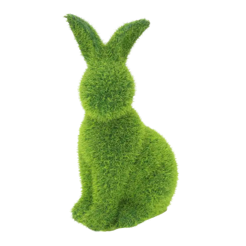 Zielony siedzący flokowany zając o wysokości 18 cm. Figurka pokryta dekoracyjnym włosiem, idealna do wielkanocnych stroików.