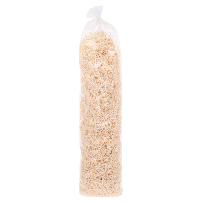Wypełniacz z wełny drzewnej 350g w przezroczystym opakowaniu. Naturalny materiał do pakowania prezentów i tworzenia efektownych kompozycji dekoracyjnych.