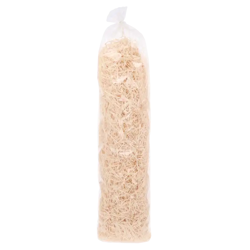 Wypełniacz z wełny drzewnej 350g w przezroczystym opakowaniu. Naturalny materiał do pakowania prezentów i tworzenia efektownych kompozycji dekoracyjnych.