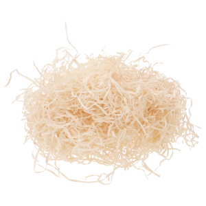 Kłębek naturalnej wełny drzewnej, wykorzystywanej do dekoracji i pakowania prezentów. Lekka struktura ułatwiająca aranżację wnętrza paczki.