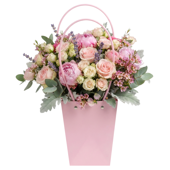 Różowa torebka kwiatowa 36 cm wypełniona bukietem róż i peonii. Elegancka oprawa florystyczna z praktyczną rączką.