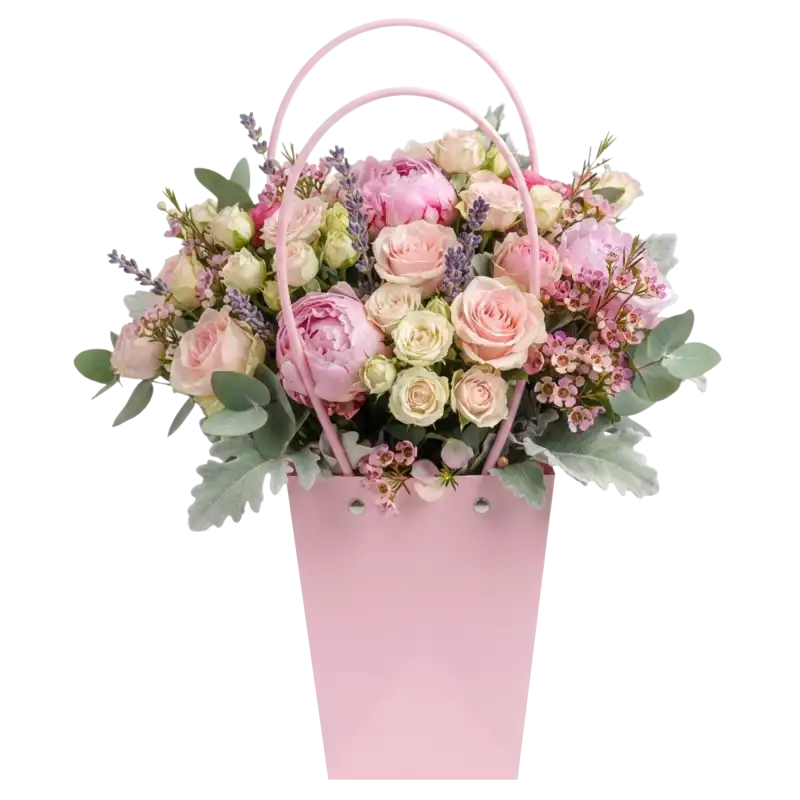Różowa torebka kwiatowa 36 cm wypełniona bukietem róż i peonii. Elegancka oprawa florystyczna z praktyczną rączką.