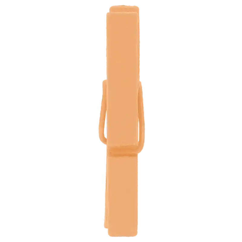 Profilowe ujęcie pojedynczej drewnianej mini klamerki o długości 3 cm w pomarańczowym kolorze na jednolitym tle.