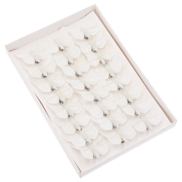 Zestaw 24 sztuk białych motyli na klipsie o wielkości 5 cm, eleganckie artykuły dekoracyjne w pudełku.