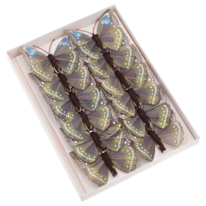 Zestaw 12 sztuk pastelowych motyli na klipsie o rozmiarze 8 cm, ułożonych wewnątrz białego opakowania prezentacyjnego.
