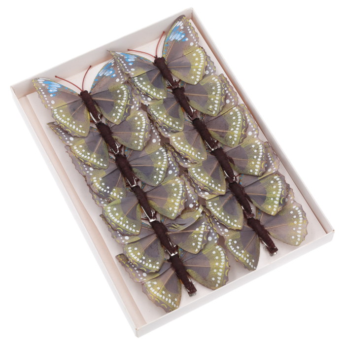 Zestaw 12 sztuk pastelowych motyli na klipsie o rozmiarze 8 cm, ułożonych wewnątrz białego opakowania prezentacyjnego.