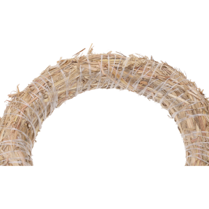 Zbliżenie na fragment wianka słomianego, uwydatniające naturalną strukturę materiału oraz białe wiązania.