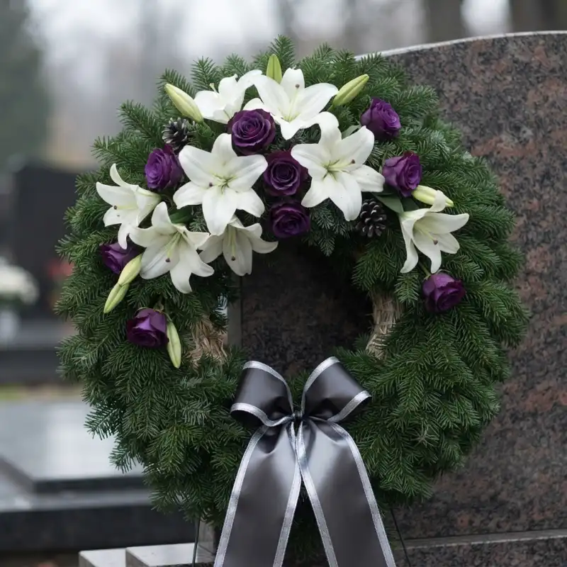 Wieniec nagrobny z żywych iglastych gałązek, zdobiony białymi liliami, fioletowymi różami i szarą wstążką.