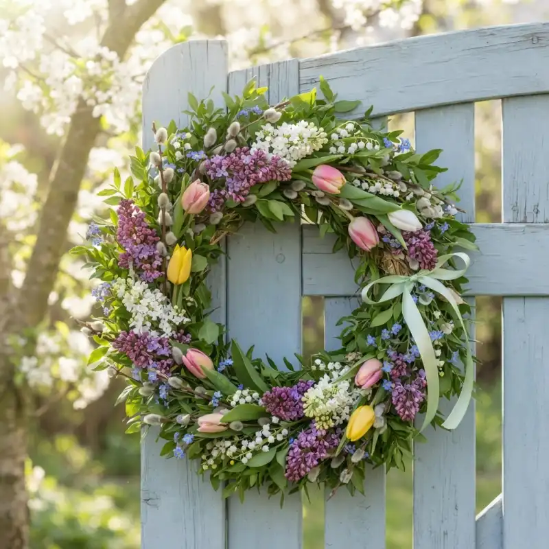 Wiosenny wianek na błękitnej drewnianej furtce, bogato zdobiony tulipanami, żonkilami i baziami w pastelowych barwach.