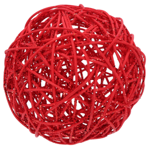 Czerwona kula rattanowa z brokatem 15 cm, prezentowana na białym tle jako samodzielna ozdoba florystyczna.