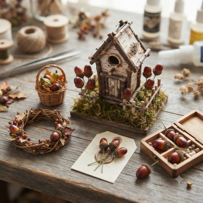 Kreatywna aranżacja z użyciem sztucznych żołędzi na druciku, wykorzystana do dekoracji miniaturowego domku z brzozy, wianka oraz w drewnianym pudełku w pracowni florystycznej.