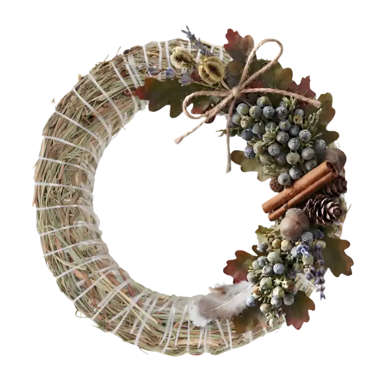 Wiosenny wianek na podkładzie słomianym przystrojony kolorowymi kwiatami, mchem oraz ozdobną koronkową wstążką. Delikatna aranżacja florystyczna.