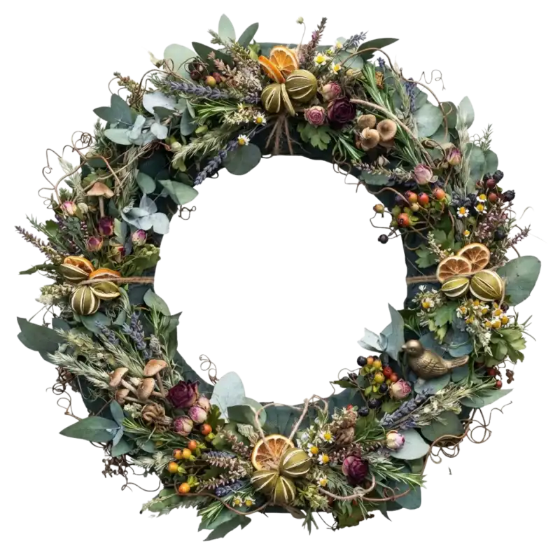 Gotowy wianek z podkładem ze słomy bogato zdobiony suszonymi plastrami owoców, kwiatami, ziołami oraz drobnymi figurkami ptaków.