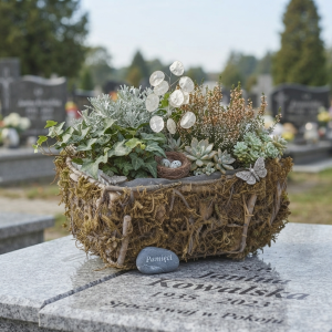 Osłonka z drewna i mchu w kształcie serca z roślinną kompozycją ustawiona na płycie nagrobnej jako dekoracja.
