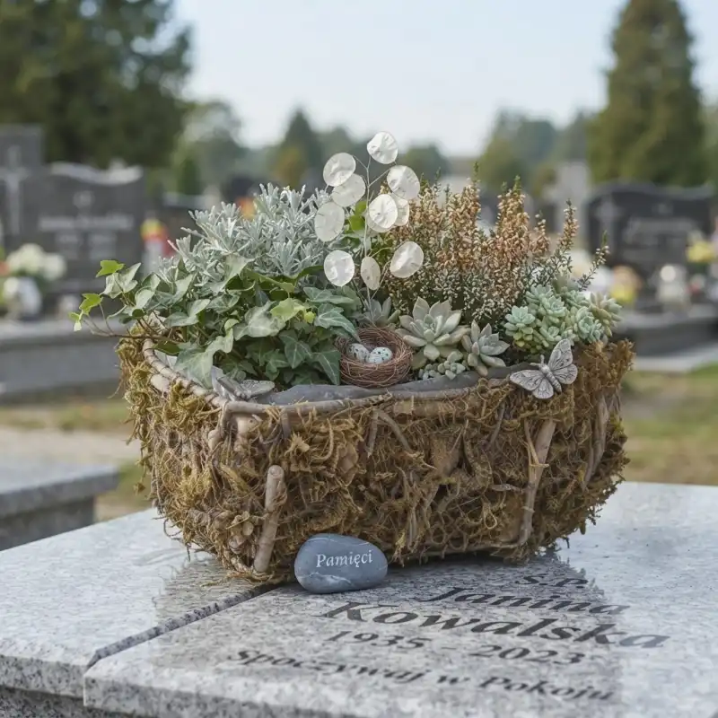 Osłonka z drewna i mchu w kształcie serca z roślinną kompozycją ustawiona na płycie nagrobnej jako dekoracja.