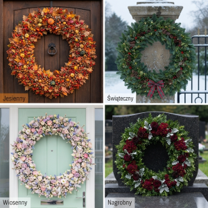 Zestawienie czterech gotowych aranżacji: jesiennej, świątecznej, wiosennej oraz nagrobnej, wykonanych na słomianym podkładzie.