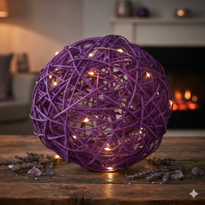 Fioletowa kula rattanowa z wplecionymi światełkami LED, tworząca klimatyczny lampion na drewnianym blacie.