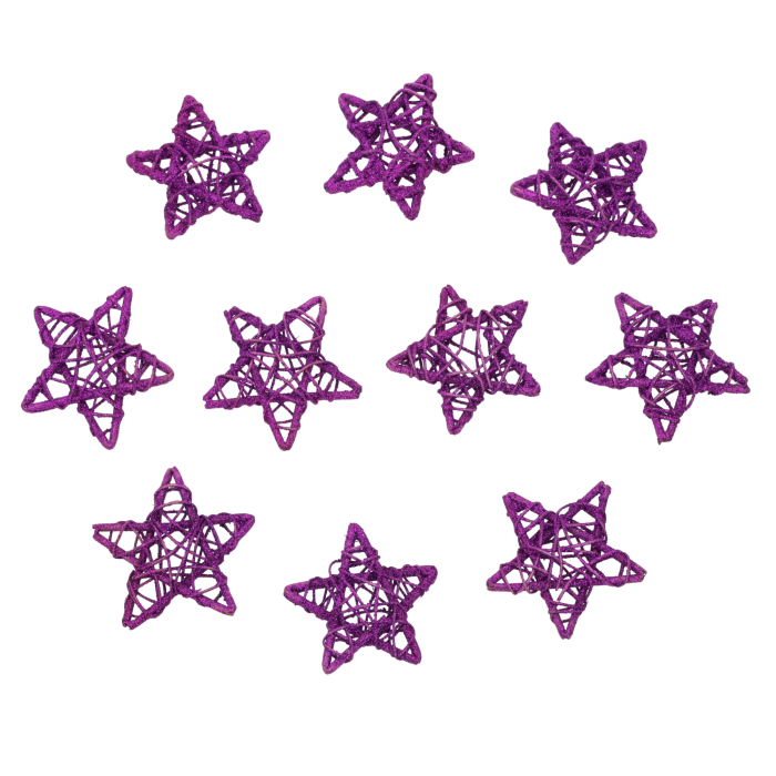Zestaw 10 fioletowych gwiazdek rattanowych 10 cm pokrytych brokatem. Eleganckie ozdoby rattanowe do świątecznych kompozycji, stroików i dekoracji choinki.