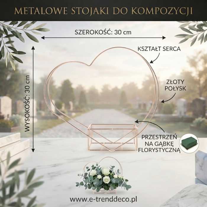 Grafika instruktażowa przedstawiająca złote metalowe serce o wymiarach 30x30 cm z wizualizacją miejsca na gąbkę florystyczną.