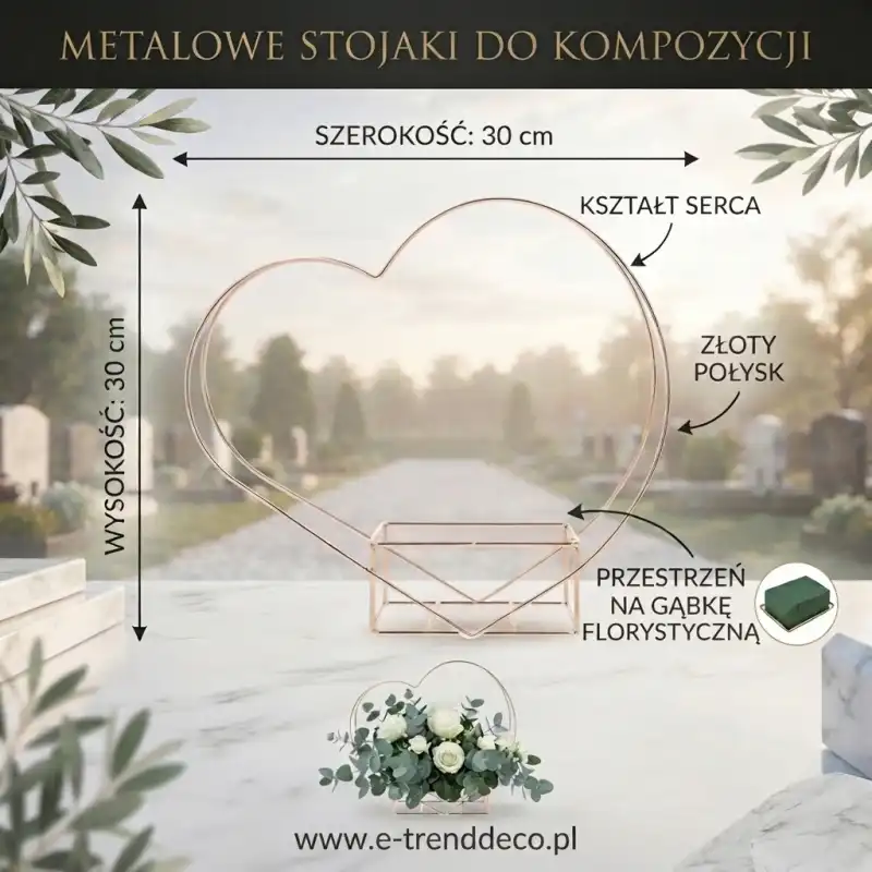 Grafika instruktażowa przedstawiająca złote metalowe serce o wymiarach 30x30 cm z wizualizacją miejsca na gąbkę florystyczną.