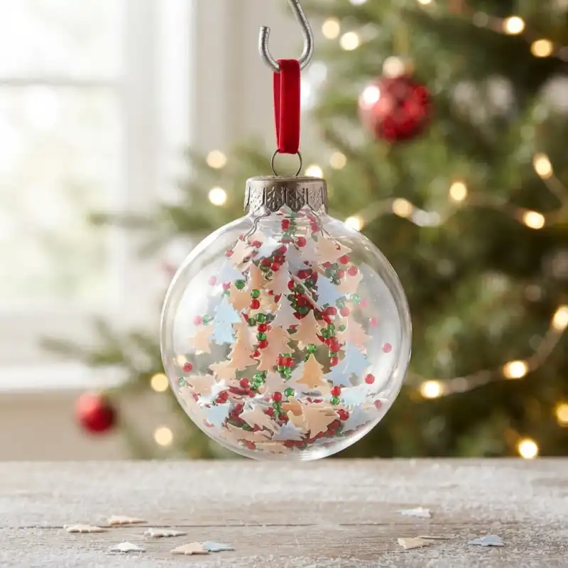 Szklana bombka wypełniona drobnoziarnistym confetti w kształcie choinek oraz kolorowymi kuleczkami, wisząca ozdoba.