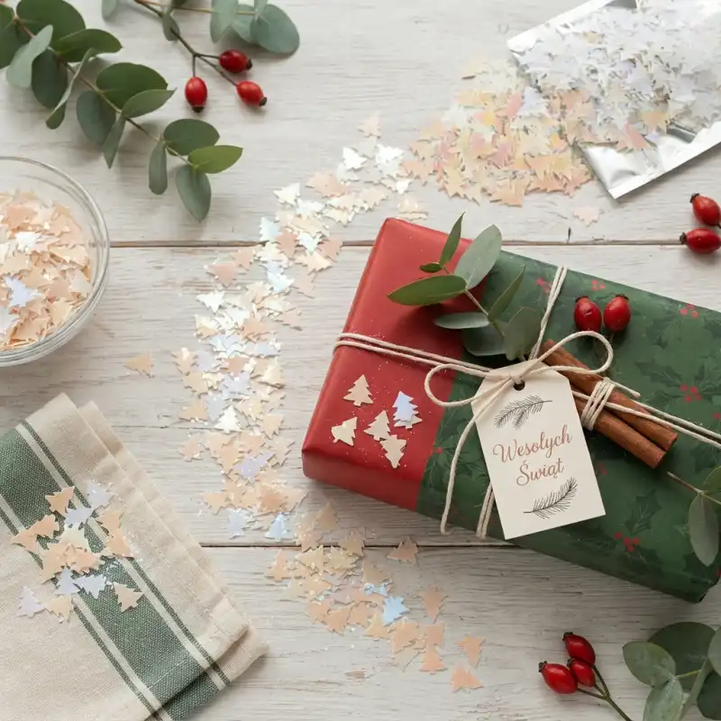 Aranżacja prezentu przewiązanego sznurkiem z dodatkiem choinkowego confetti i gałązek eukaliptusa na drewnianym stole.