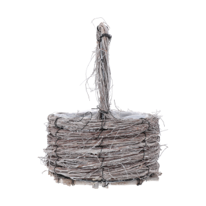Szary drewniany kosz z patyków o średnicy 22 cm, wykonany z naturalnych materiałów z folią ochronną wewnątrz.