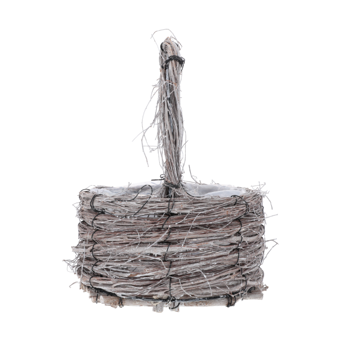 Szary drewniany kosz z patyków o średnicy 22 cm, wykonany z naturalnych materiałów z folią ochronną wewnątrz.