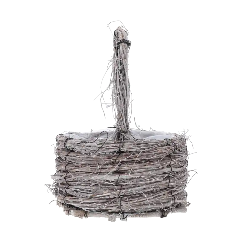 Szary drewniany kosz z patyków o średnicy 22 cm, wykonany z naturalnych materiałów z folią ochronną wewnątrz.