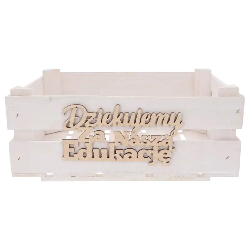 Biała drewniana skrzynka na prezenty 32 cm z ozdobnym, drewnianym napisem Dziękujemy za naszą edukację na froncie.