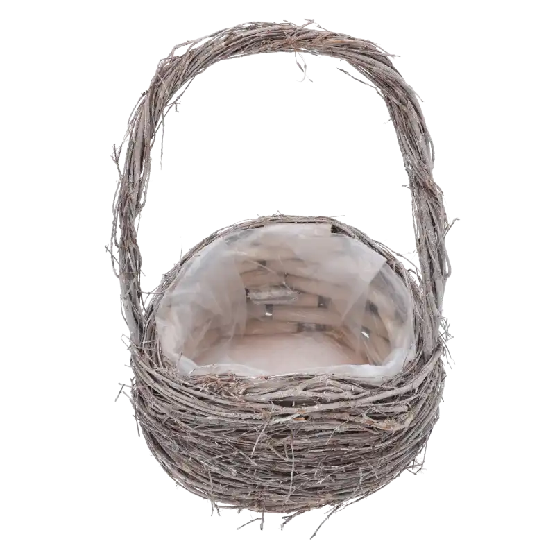 Widok z góry na okrągły kosz z patyków 25x25 cm, ukazujący jego głębokość oraz wnętrze wyłożone folią ochronną.