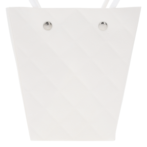 Zbliżenie na górną część białej torebki kwiatowej z widocznymi metalowymi nitami przy uchwytach. Czysta, minimalistyczna forma.