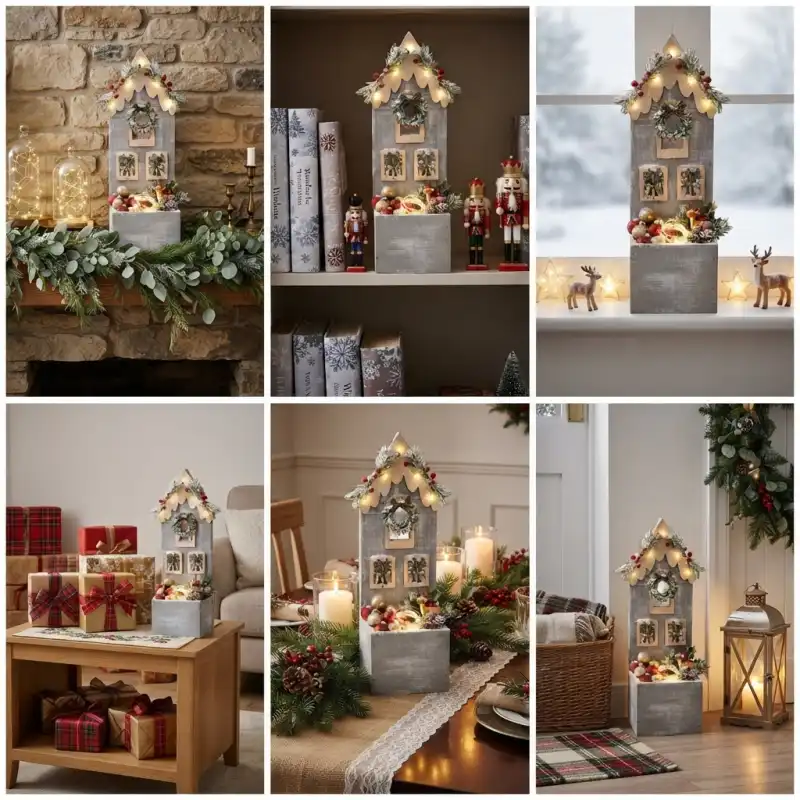 Drewniana statuetka domku ustawiona na stole wigilijnym wśród zastawy, ozdobiona świątecznymi dodatkami i lampkami.