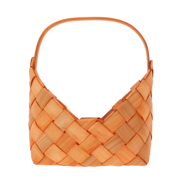 Pomarańczowa torba dekoracyjna o wymiarach 22x12cm, wykonana z naturalnych surowców z wygodnym uchwytem, widok frontowy.