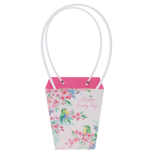 Pusta torebka kwiatowa Happy Every Day 34x15x12 cm z motywem ptaków i kwiatów, wyposażona w praktyczne białe rączki do przenoszenia bukietów.