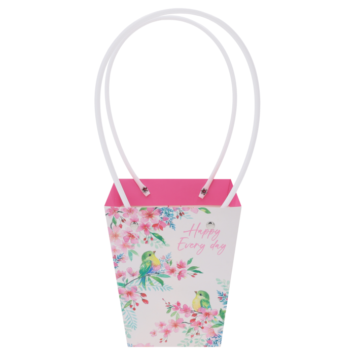 Pusta torebka kwiatowa Happy Every Day 34x15x12 cm z motywem ptaków i kwiatów, wyposażona w praktyczne białe rączki do przenoszenia bukietów.