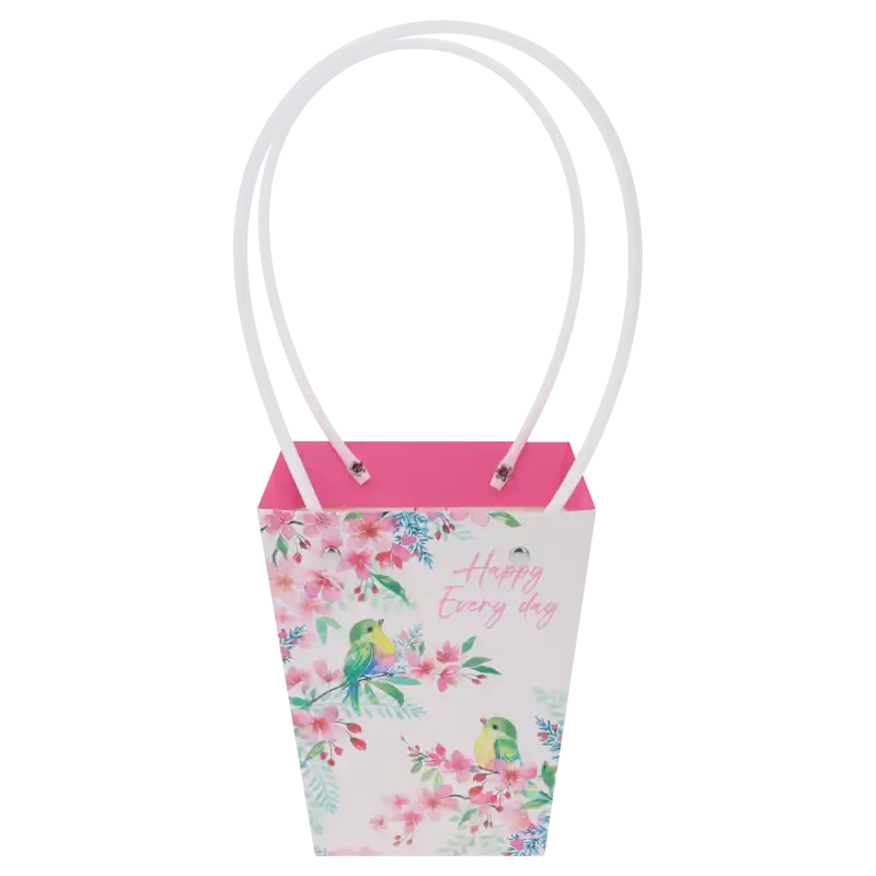 Pusta torebka kwiatowa Happy Every Day 34x15x12 cm z motywem ptaków i kwiatów, wyposażona w praktyczne białe rączki do przenoszenia bukietów.