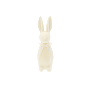 Kremowy zając flokowany 30 cm to modna dekoracja wielkanocna z satynową kokardą, idealna do nowoczesnych aranżacji.