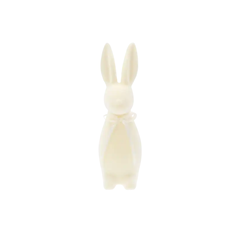 Kremowy zając flokowany 30 cm to modna dekoracja wielkanocna z satynową kokardą, idealna do nowoczesnych aranżacji.