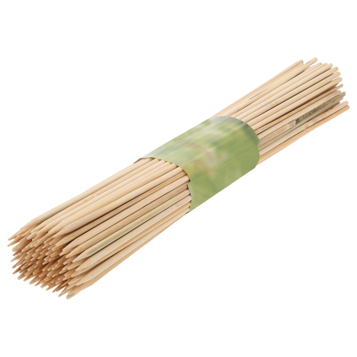 Zestaw 100 sztuk szpilek bambusowych o długości 40 cm. Naturalne, niebarwione podpory do roślin w florystyce, związane papierową banderolą.