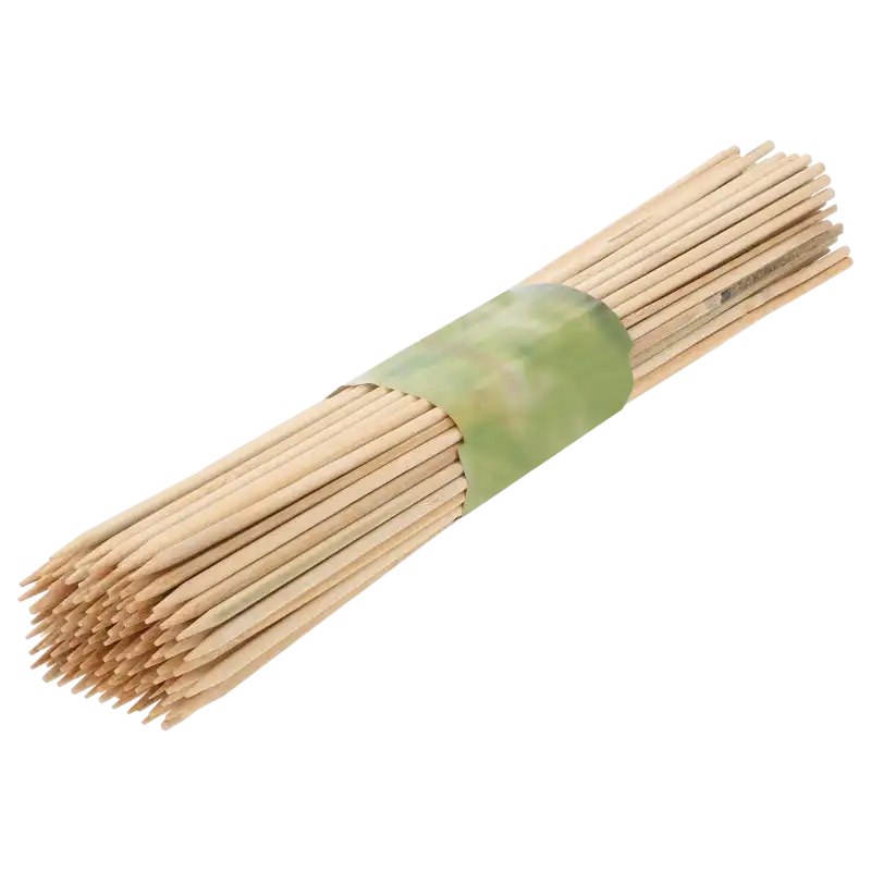 Zestaw 100 sztuk szpilek bambusowych o długości 40 cm. Naturalne, niebarwione podpory do roślin w florystyce, związane papierową banderolą.