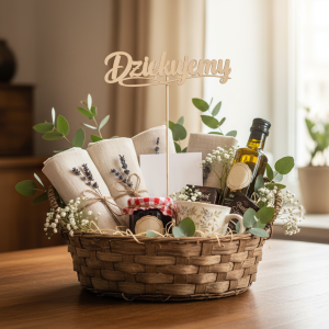 Dekoracyjny napis na szpilce bambusowej umieszczony w koszu prezentowym z kosmetykami i kwiatami, jako element florystyki.