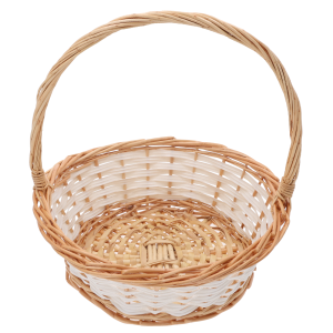 Wnętrze okrągłego kosza wiklinowego o średnicy 35 cm z wyraźnie widocznym tradycyjnym splotem konstrukcji.