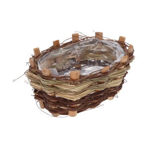 Owalna osłonka z kory o wymiarach 20x15 cm z folią ochronną wewnątrz. Rustykalny kosz kwiatowy w stylu eko i boho, idealny do aranżacji roślinnych.