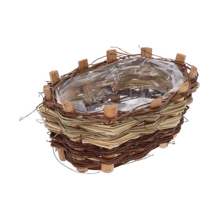 Owalna osłonka z kory o wymiarach 20x15 cm z folią ochronną wewnątrz. Rustykalny kosz kwiatowy w stylu eko i boho, idealny do aranżacji roślinnych.