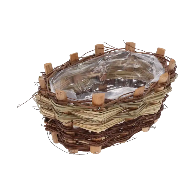 Owalna osłonka z kory o wymiarach 20x15 cm z folią ochronną wewnątrz. Rustykalny kosz kwiatowy w stylu eko i boho, idealny do aranżacji roślinnych.