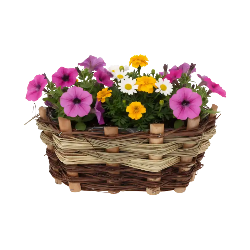 Owalna osłonka z kory wypełniona różnobarwnymi kwiatami, takimi jak pelargonie i żonkile, podkreślająca naturalny urok kompozycji.