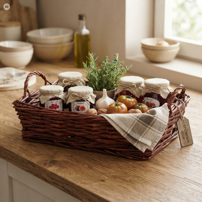 Wiklinowa tacka wypełniona przetworami w słoikach, pomidorami i ziołami. Naturalna, sielska aranżacja kuchenna, wykorzystująca tackę jako praktyczny organizer na blacie.