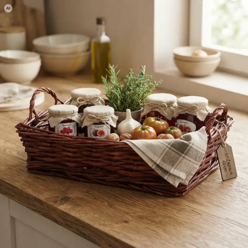 Wiklinowa tacka wypełniona przetworami w słoikach, pomidorami i ziołami. Naturalna, sielska aranżacja kuchenna, wykorzystująca tackę jako praktyczny organizer na blacie.