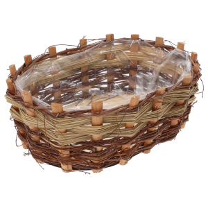 Owalna osłonka drewniana z kory 34x24 cm z folią ochronną. Naturalna plecionka w stylu boho jako baza do kwiatów.